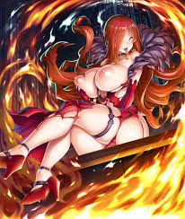 areolae ass astaroth (taimanin asagi) bare shoulders breast grab  breasts cleavage curvy dress female female fingering fire huge ass huge  breasts lilith-soft long hair looking at viewer magic moaning