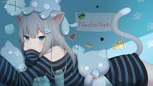 blue eyes, squatting, animal ears, nacho neko, anime girls, food, cat girl,  anime, Amashiro Natsuki, tail, grey hair, blush HD Wallpaper