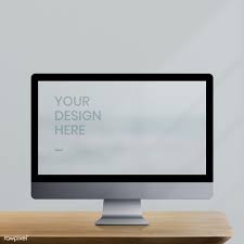 Download Premium Psd Of Desktop Computer With Screen Mockup On A Wooden Desktop Computers Computer Mockup Design Mockup Free