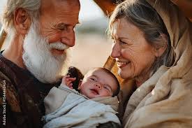 A 100-year-old Abraham and 90-year-old Sarah joyfully holding their newborn  son Isaac.