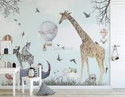 Looking for the best giraffe wallpaper? Kids Watercolor Woodland Animals With Giraffe Zebra Hippopotam Wallpaper Mural Wallpaper Wallmur