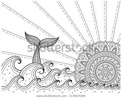 Whale Diving Into Sea Against The Sunset Coloring Book Page Antistress Ocean Landscape With Waves Mand Ocean Coloring Pages Coloring Book Pages Sunrise Art