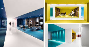 This Office Interior Used Color To Create Distinct Spaces Office Interiors Open Concept Office Modern Interior Design