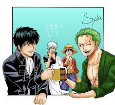 gintama one piece crossover monkey d luffy roronoa zoro sakata gintoki hijikata toushirou one piece crossover one piece anime anime crossover