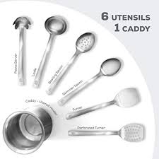 Maybe you would like to learn more about one of these? Amazon Com Premium Stainless Steel Kitchen Utensil Set 7 Piece Heat Resistant Kitchen Gadgets Cooking Utensils Set Weighted Utensil Holder For Stability Ladle Turner Spoon Pasta Server Utensil Caddy Home Kitchen