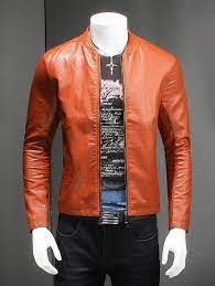 Pure Color Stand Collar Long Sleeve Leather Jacket For Men Leather Jacket Men Leather Jacket Men Style Spring Leather Jacket