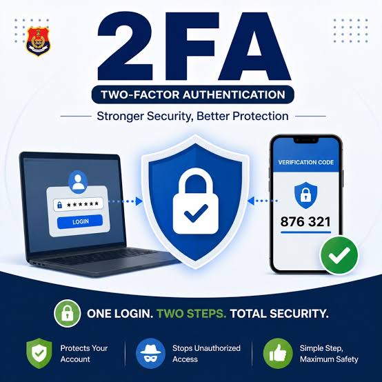 Two-Factor Authentication (2FA) adds an extra layer of security to your  online accounts, making it much harder for cybercriminals to gain  unauthorized access. Enable 2FA today and protect your persona