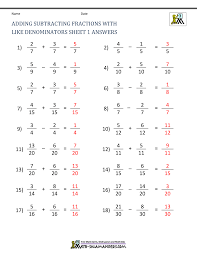 adding subtracting fractions with like denominators sheet 1 answers math addition worksheets addition of fractions adding and subtracting fractions