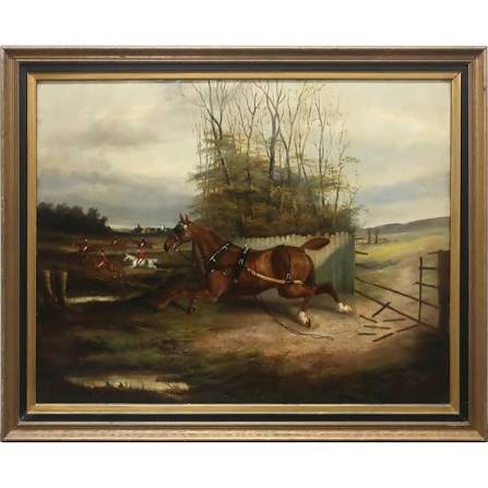 Lot - JAMES CLARK (BRITISH, 1858-1943), UNTITLED (FOX HUNTERS AND A HORSE BREAKING THROUGH A FENCE)