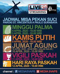 Misa minggu palma 2020 dilaksanakan melalui live streaming di saluran tv dan media sosial lainny dengan tanpa melibatkan. Keuskupan Surabaya