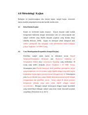 Check spelling or type a new query. Contoh Metodologi Kajian Docx 4 0 Metodologi Kajian Bahagian Ini Membincangkan Reka Bentuk Kajian Sampel Kajian Instrumen Kajian Kaedah Pengumpulan Course Hero