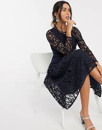 You'll need a party dress then! Asos Design Long Sleeve Midi Prom Dress In Lace With Circle Trim Details In Navy Asos