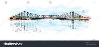 Howrah Bridge Of Kolkata City In West Bengal Watercolour Splash With Hand Drawn Sketch Illustration In Vector C Howrah Watercolor Splash Digital Illustration