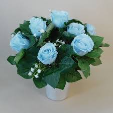 When organizing flowers for funerals. Artificial Flowers Filled Grave Pot Light Blue Roses And Gypsophila Memorial Flowers