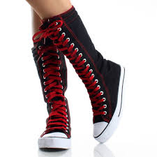 Black And Red Converse High Tops Too Cute On Me Black Canvas Shoes Black Lace Up Boots Black Lace Shoes