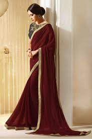 Maroon color saree most embellished with tusar silk, silk and chanderi fabric. Georgette Party Wear Saree In Red Colour Saree Designs Maroon Saree Latest Designer Sarees
