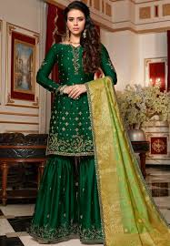 Dark Green Designer Satin Georgette Embroidered Sharara Style Pakistani Suit 4512 Bollywood Dress Sharara Suit Nikkah Dress