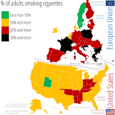Percent of adults smoking cigarettes across the US and the EU. Data for  20172018 (sources in the comment section) 🇺🇸🇪🇺🗺️ : rMapPorn