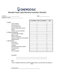 Portable fire extinguishers are required to be visually inspected when initially placed in service and at least monthly thereafter. Monthly Movable Tower Light Inspection Checklist Electric Power Electricity