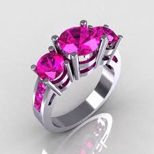 Modern 10k White Gold Three Stone 2 25 Carat Total Round Pink Sapphire Bridal Ring R94 10kwgps White Gold Rings Rose Gold Three Stone White Gold
