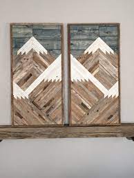 Custom 2 Piece Rustic Mountain Tops With Blue Stained Sky Pallet Wall Art Mountain Wood Art Wine Wall Art