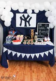 New York Yankees Shower Table Decor Celebrate Your Little Slugger With This Super Cute New Yo Yankees Baby Yankees Birthday Party Baseball Baby Shower Theme