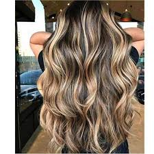 Dark brown hair having wavy layers styled with a dash of blonde highlight in the center for a bohemian style. Human Hair Wig Lace Front Real Wavy Dark Brown With Golden Blonde Ugeathair