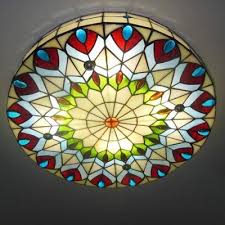 16 Inch Round Shade Peacock Stained Glass Tiffany 3 Light Flush Mount Ceiling Light Stained Glass Flush Mount Stained Glass Ceiling Lights Stained Glass Light