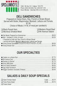 Menu sandwiches trays, salads, desserts beverages & utensils. Spolumbos Fine Foods Calgary Find Menus Ca