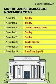 Saturday bank holidays 2021 know if today bank open or close list of all saturday holiday for banks 2021 which saturday is bank holiday list of second saturdays holidays for bank in 2021. Bank Holidays In November 2020 Check Full List Here