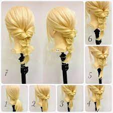 くるりんぱ三回でつくるヘアアレンジ 1 下の位置で１つに結ぶ 2 くるりんぱ 3 少し間隔をあけてゴムで結ぶ 4 くるりんぱ 5 また少し間隔をあけてゴムで結ぶ 6 くるりんぱ 7 ほぐし hair arrange hair styles hair tutorial