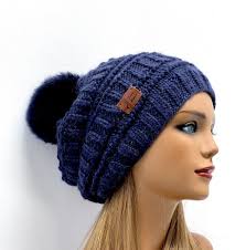 Alpaca Beanie With Baby Alpaca Pompom,navy Blue Paula Winter Beanie,warm  Hand Made Alpaca Hat,winter Hat,natural Indigo Dyed Alpaca Slouchy