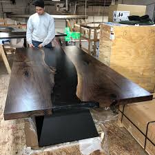 What Do You Think About This Dining Table Salvaged Black Walnut With A Smoky Grey Resin River Paire Black Walnut Table Wood Table Design Wood Resin Table