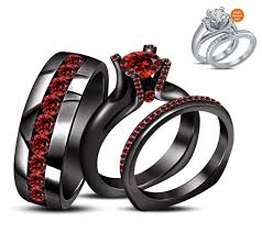 Black And Red Wedding Rings For Her His Her Engagement Ring Wedding Band Trio Set Red Garnet Black Gp 925 Silver Wedding Ring Bands Gothic Engagement Ring Sterling Silver Wedding Sets