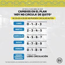 Este lunes 5 de julio no podrán circular los vehículos con placa terminada en 0, 1, 2 o 3 en el horario de 07:00 a 19:00. Hoy No Circula Asi Sera La Restriccion Vehicular En Quito Este Miercoles 21 De Abril Ecuador Noticias El Universo