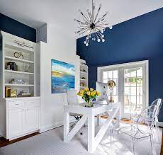 Enjoy your favorite hot beverage in this etched ceramic mug in navy blue. White And Navy Rooms Contemporary Den Library Office Benjamin Moore Van Deusen Blue Clean Design Partners
