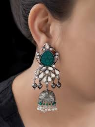 Green Silver Handcrafted Kundan Jhumkies Black Metal Jewelry Jewelry Set Design Fashion Jewelry Earrings