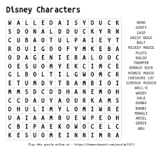 Let's find the following halloween words in the puzzle: Disney Animated Movies Word Search