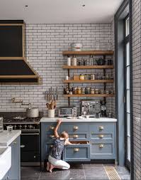 Black And Grey Kitchen Decor Blue Gray Kitchen Cabinetry With Black La Canche French Range Subway Tile Kitchen Inspiration Design Kitchen Interior Kitchen Design