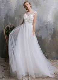 Oder du bist auf eine hochzeit eingeladen und suchst nun ein passendes abendkleid? Schone A Linie Ruckenfreies Brautkleid Illusion Ausschnitt Blumen Tull Fliessend