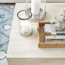 Supported by angled solid american walnut, rich brass details support the craftsmanship and beauty of real wood. Travertine Stainless Steel Square Coffee Table Williams Sonoma