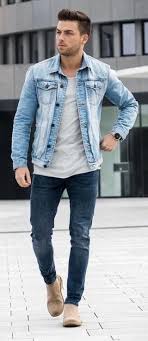 Fall Double Denim Combo With A Light Wash Denim Jacket Off White T Shirt Slim Denim Jeans Sand Mens Winter Fashion Light Wash Denim Jacket Mens Fashion Casual