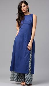 Royal Blue Cotton Kurta With Printed Palazzo Pant Long Kurti Designs Kurti Neck Designs Cotton Kurti Designs
