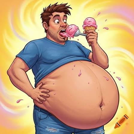 Cartoon man with a giant belly eating pink ice cream from a spoon and cone. on Craiyon