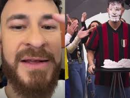 Fred Bruno tem reação alérgica após receber torta na cara: "Muito vermelha" 