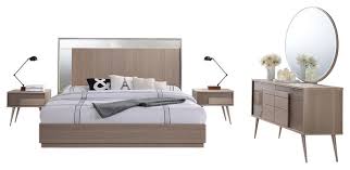 This 5 pieces bedroom set includes a vibrant teal and walnut bed, 2 drawer nightstands, and a 6 drawers dresser with an accented rectangular mirror. In Stock Midcentury Modern Taupe Bronze 5 Piece Queen Set Midcentury Bedroom Furniture Sets By Furniture Import Export Inc Houzz