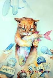 Cat And Fish Art Celebrity Cat Print Giclee Funny Cat Watercolor Art Print Cat Lover Wall Art Nursery Wall Art In 2020 Fish Art Watercolor Art Prints Art