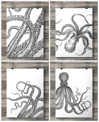 Black And White Framed Art For Bathroom Octopus Prints Black White Tentacles Kraken Nautical Art Set Of Four Vintage Printables Nautical Art Printable Wall Art Vintage Octopus