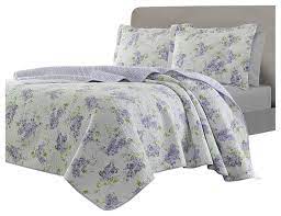 Passiflora, wisteria and tropical leaves seamless pattern on the black backgroung. King Size 3 Piece Cotton Quilt Set With Purple White Floral Pattern Contemporary Quilts And Quilt Sets By Hilton Furnitures Houzz