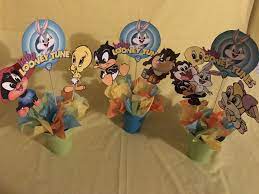 Pin By Bakparty Designs On Looney Tunes Centerpieces Baby Shower Theme Decorations Looney Tunes Party Baby Looney Tunes